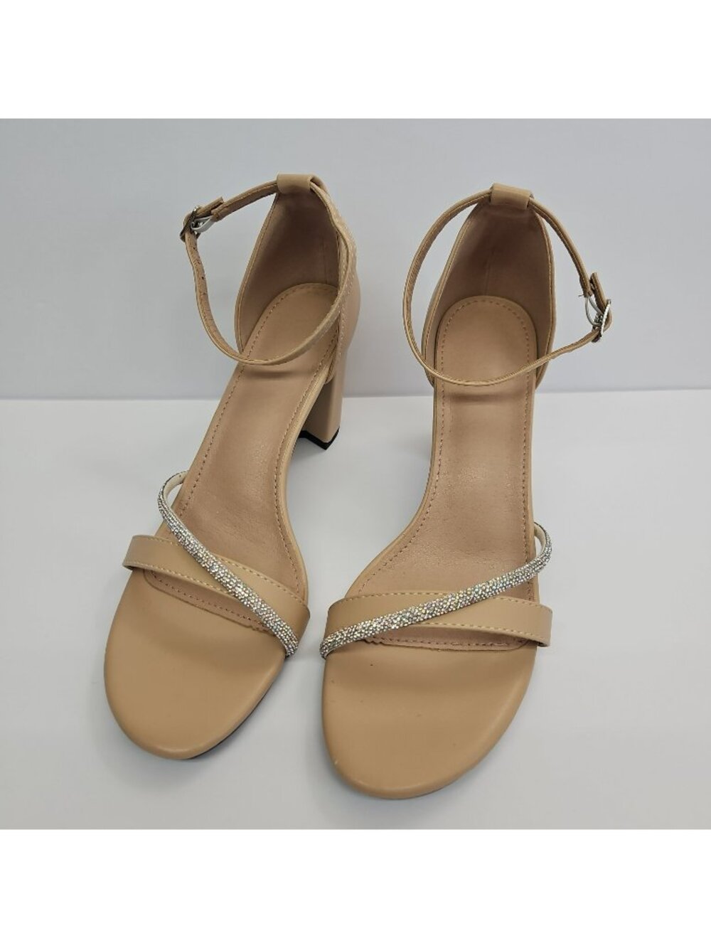 Wedding Formal Dance Beige Strappy Block Heels Rhinestone Ankle Strap Open Toe